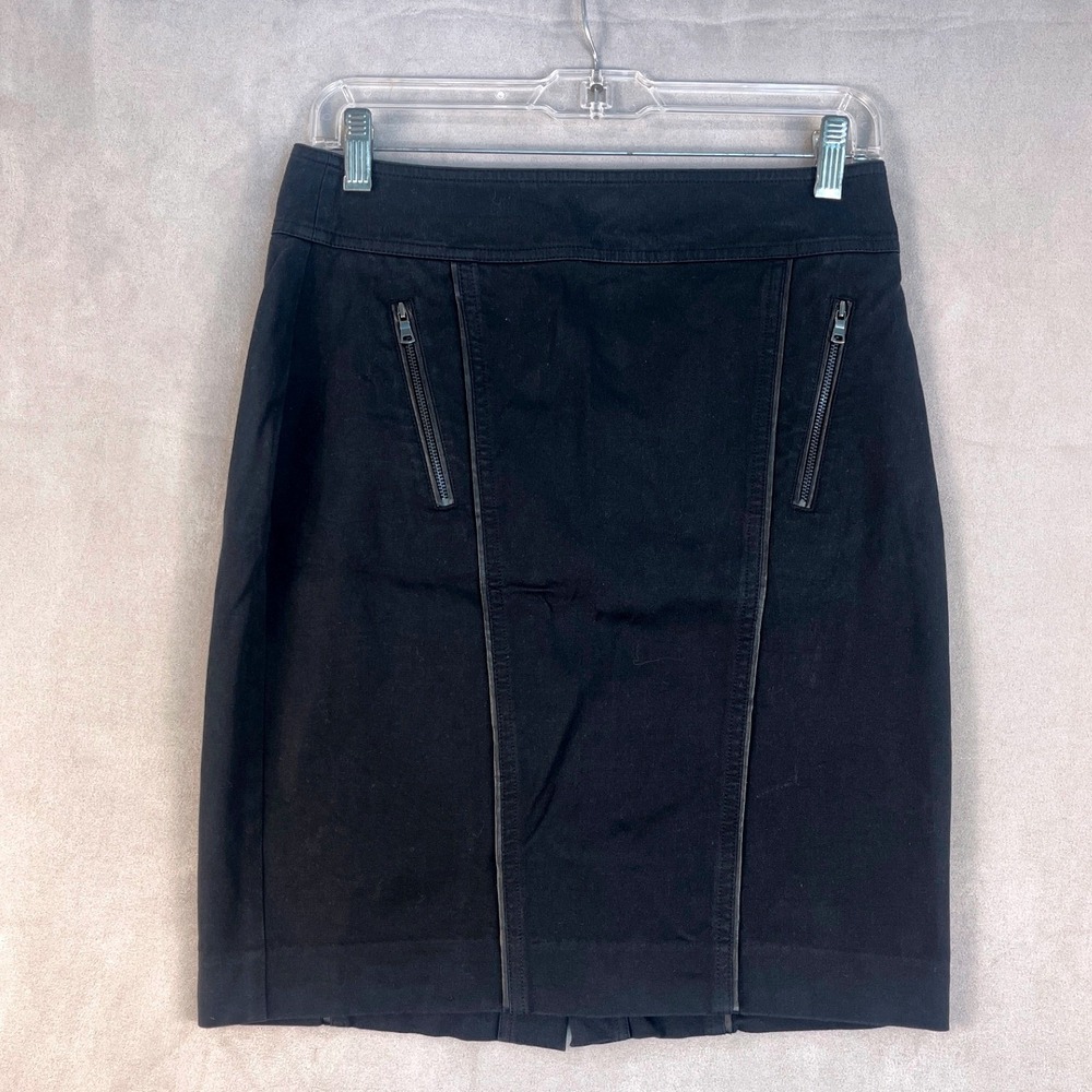 Ann Taylor Black Pencil Skirt Faux Leather Trim Zip Pockets Size 2